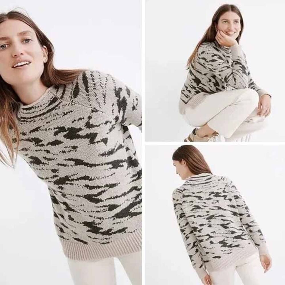 Madewell Thornton Sweater Sz XS Beige Green Alpaca Blend Mockneck Animal Print